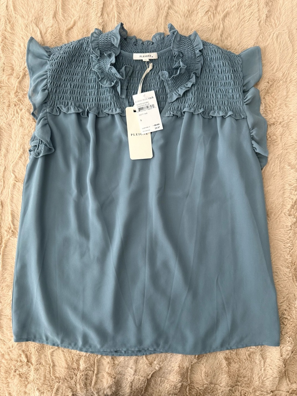Pleione Caspian Blue Smocked Ruffle Cap-Sleeve Camisole